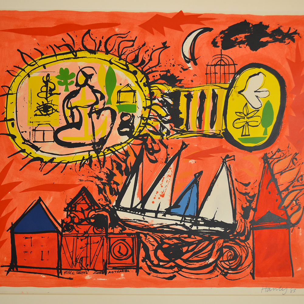 Pat Hanly, Awake Aotearoa (from the Fire Series) 4/32 (1983, screenprint, Collection of Aratoi Wairarapa Museum of Art and History. Gift of the artist.