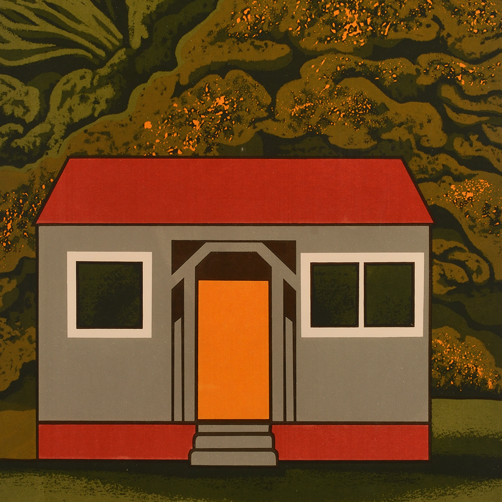 Robin White, Sam’s place, Bottle Creek (1971), screenprint, Collection of Aratoi Wairarapa Museum of Art and History.