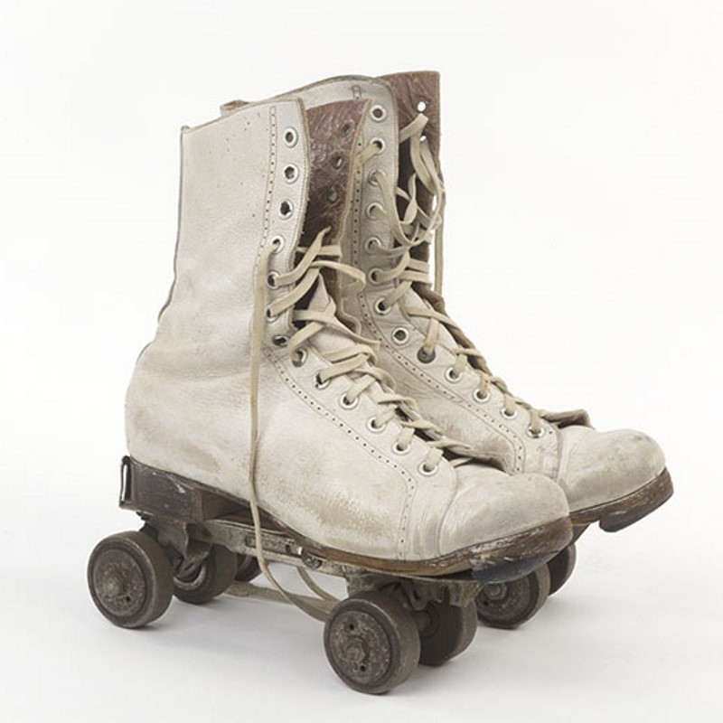 Pair of roller skates with white ankle-length boots, c. 1950s . Courtesy of Te Manawa Museums Trust. 