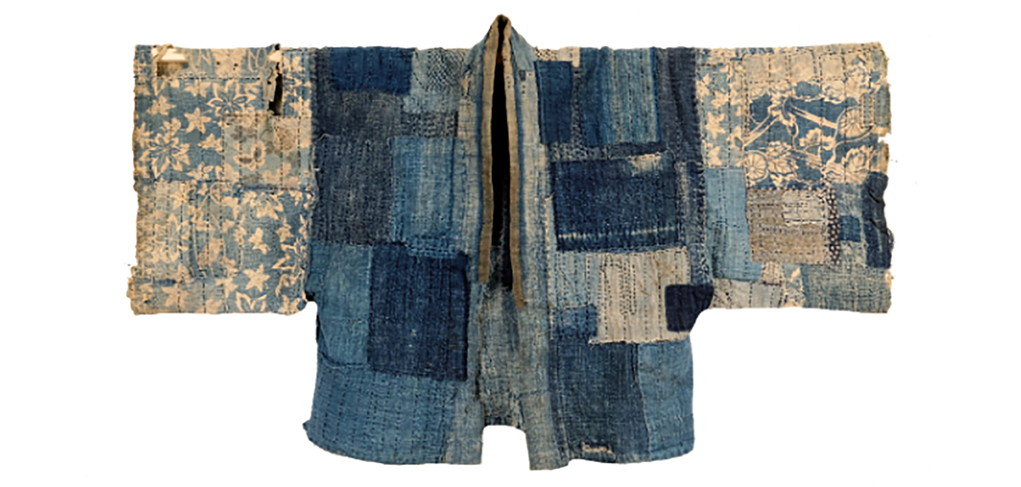  A boro noragi, early 1900s, sashiko-stitched, indigo and katazome dyed cotton Collection of Pip Steel. Image courtesy of Te Manawa. Image: Sam Millen