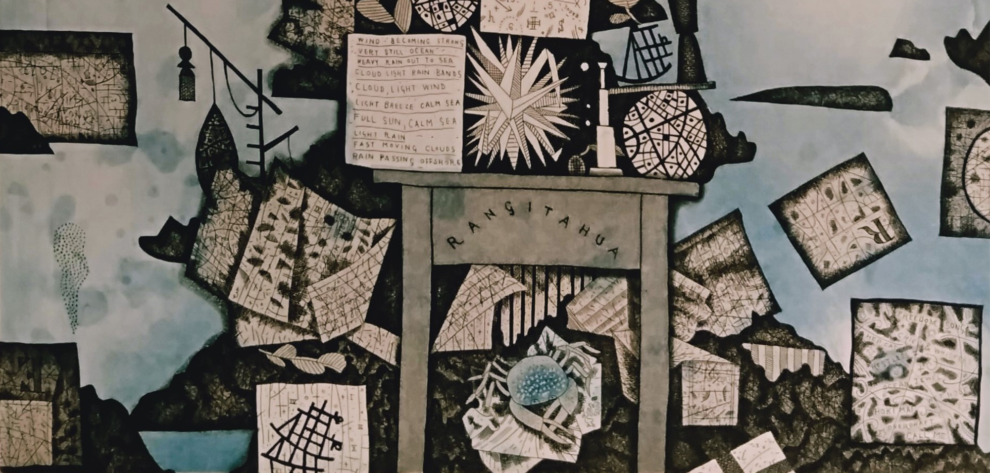 Gregory O’Brien, Raoul Island Whale Survey with shipping containers, Astrolabe Reef 2012- 2013, intaglio etching with aquatint on paper 7/40. Gift of the National Whale Centre.