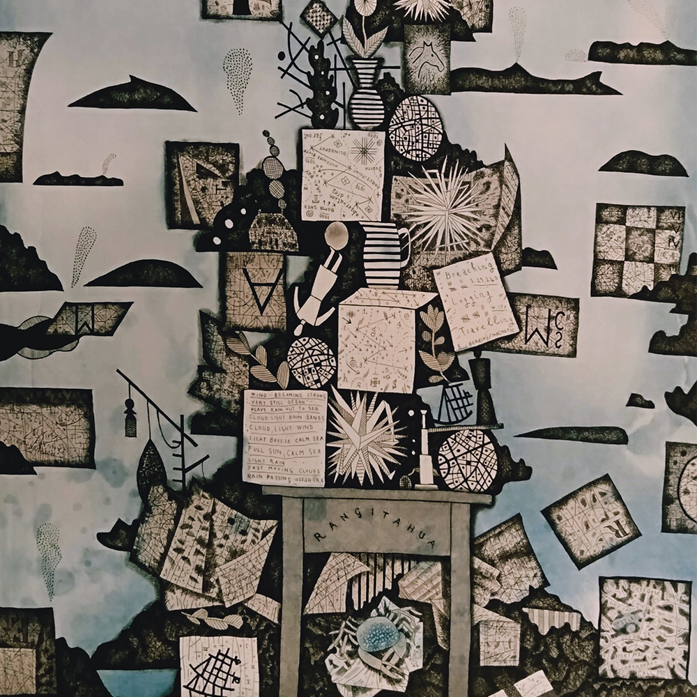 Gregory O’Brien, Raoul Island Whale Survey with shipping containers, Astrolabe Reef 2012- 2013, intaglio etching with aquatint on paper 7/40. Gift of the National Whale Centre.