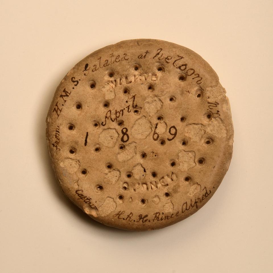 Wilkie & Co, Sydney Ships’ biscuit 1869 flour, salt, water, 130mm (diameter)  Collection of Aratoi Wairarapa Museum of Art and History. Masterton Museum Collection