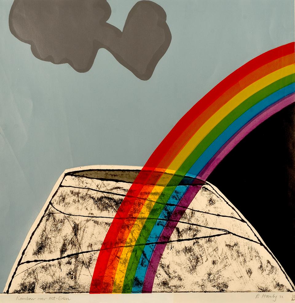 Pat Hanly, (1932 – 2004) Rainbow over Mt Eden, drypoint/screenprint, 500 x 508mm, 1972