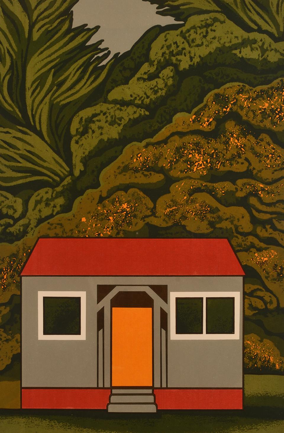 Robin White, Sam’s place, Bottle Creek (1971), screenprint, Collection of Aratoi Wairarapa Museum of Art and History.
